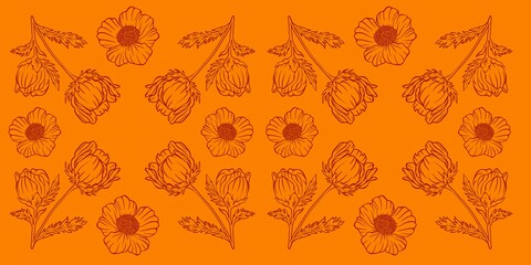 Seamless floral pattern adonis line graphic spring summer cute romantic contour simple pastel orange black flowers red minimal surface - obrazy, fototapety, plakaty