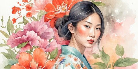 Watercolor Illustration Of Asian Woman on Flower Background