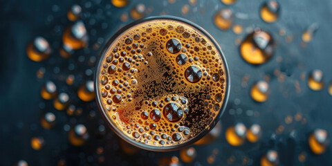 Closeup of a frosty glass of beer with water droplets on top, isolated on white background