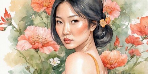 Watercolor Illustration Of Asian Woman on Flower Background