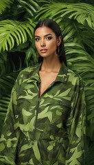 Woman in Green Camouflage Coat Among Palms