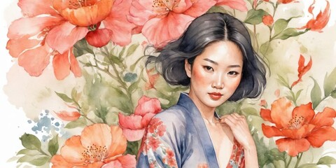 Watercolor Illustration Of Asian Woman on Flower Background