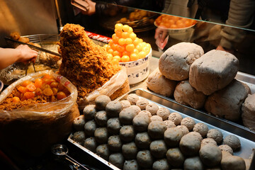 close up of preparing and making ingredient of taro and meat pork floss and egg york for making...