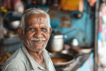 An endearing elderly man with a white mustache stands in a local food stall, his face expressing warmth and friendliness