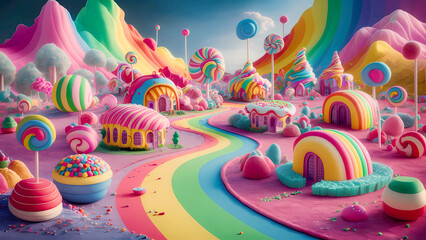 Fiesta de colores en Candyland: un paisaje de diversión y cumpleaños en 3D