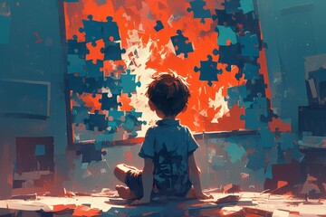 A little boy sitting on the floor in front of an open door, his back to us and puzzle pieces falling out from behind him. The room is dark with orange light coming through from outside the window. 