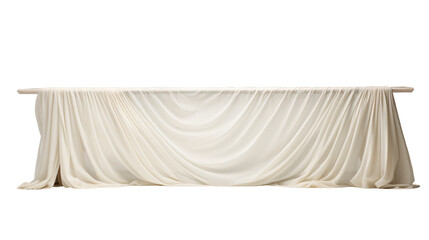 white satin fabric draped long wedding table on an isolated background