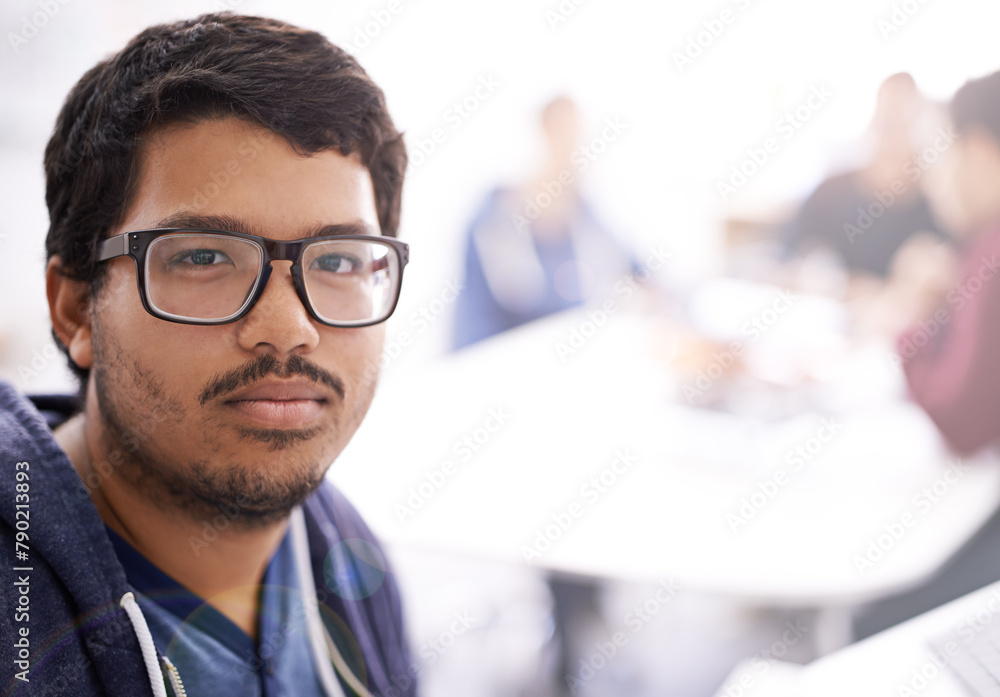 Poster it professional, spectacles and portrait in office for information technology innovation, web develo