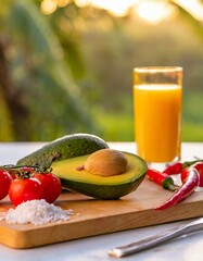 avocado and tomatoes on a cutting board with a fork, knife, salt, pepper, chili, garlic o a forest tropical background