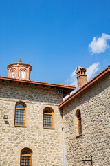 Greek monasteries details on the top of the mountain, Meteora