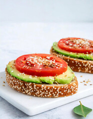 avocado, tomato and sesame seeds sandwiches; tasty breakfast; close up and copy space