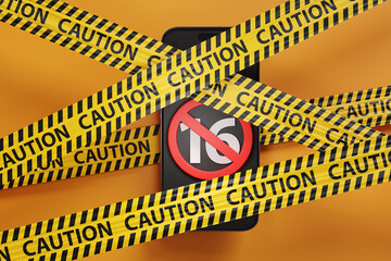 Mobile phone showing the number 16 and a red forbidden sign trapped between barrier tapes on yellow background. Illustration of the British consideration of banning sale of smartphones to under 16s