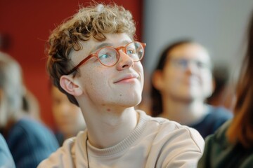 Young male student with glasses focused in a group setting, representing academic attentiveness