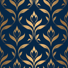 Blue and gold floral seamless pattern. Abstract vector ornament template. Paisley elements. Great for fabric, invitation, background, wallpaper, decoration, packaging or any desired idea.