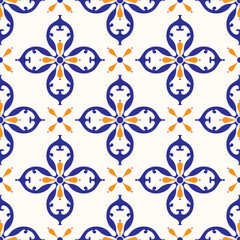 Blue and orange seamless pattern. Ornament, Traditional, Ethnic, Arabic, Turkish, Indian motifs. Great for fabric and textile, wallpaper, packaging or any desired idea.