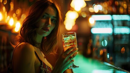 A woman enjoys a drink at a bar - obrazy, fototapety, plakaty