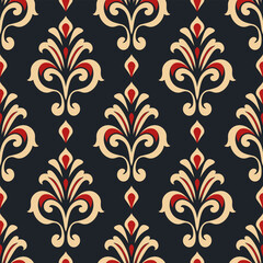 Black, red and beige damask vector seamless pattern. Vintage, paisley elements. Traditional, Turkish motifs. Great for fabric and textile, wallpaper, packaging or any desired idea.