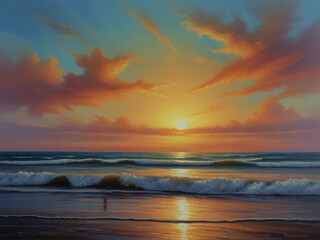 Sun rise in the elegant color of sky on the sea beach oil painted, Generative AI.