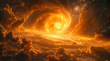 an ancient sun about to go super nova,
andromeda galaxy in the background,
vivid colors, omnious