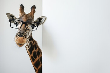 Intellectual giraffe with glasses peeking out, concept of quirky curiosity - 790214437