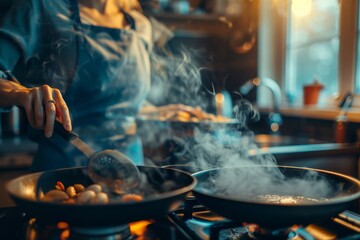Intimate scene of a person attentively stirring food in pans with a warm golden light casting over the kitchen - obrazy, fototapety, plakaty