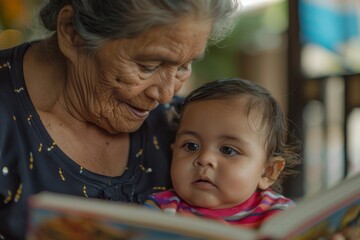 Serenely captured moment of a grandmother reading to her baby grandchild in a natural outdoor setting