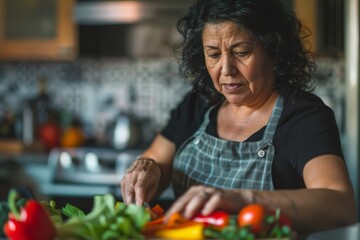 An engaged woman cutting colorful vegetables on a kitchen counter with focus and attention