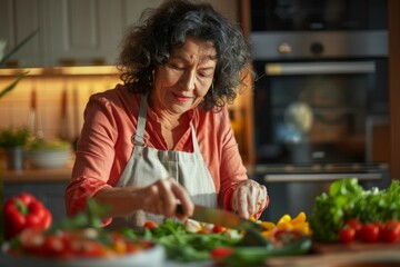 Mature woman in an apron carefully slicing vegetables on a kitchen counter with natural light