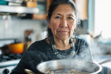 Serious-looking mature woman with a steaming pot on the stove in a home kitchen setting - obrazy, fototapety, plakaty