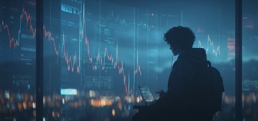 A person analyzing stock market data on multiple computer screens, with financial charts and graphs in the background.