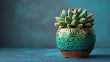 A cactus plant on the blue background with copy space.
