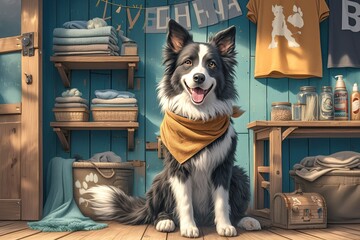 A photo of an adorable border collie sitting in the center, surrounded by shelves filled with pet care products such as dog food and fabric cloths - obrazy, fototapety, plakaty