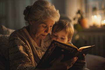 Soft light envelops an elderly person and child sharing a book, a tender moment representing togetherness and education