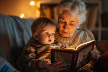 Warmth fills the room as a grandmother reads to her fascinated toddler grandchild, highlighting family heritage
