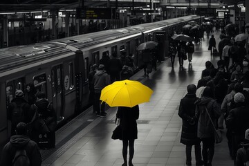 A black and white photograph of a crowded train station with a solitary woman holding an umbrella The umbrella is a bright yellow tone, standing out as the only element in color