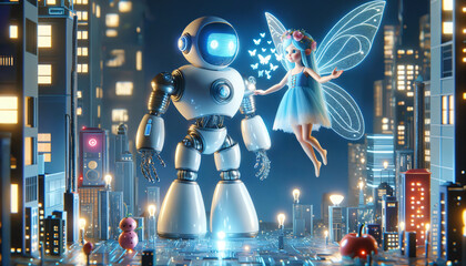 Digital robot and fairy hover over futuristic city, showcasing technology-fantasy bond.