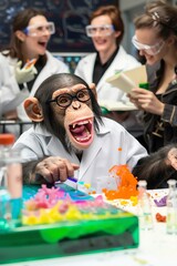 A quirky scene in a science lab where a chimpanzee, wearing a lab coat and glasses, is accidentally mixing colorful chemicals, causing harmless explosions, with scientists taking notes and laughing in