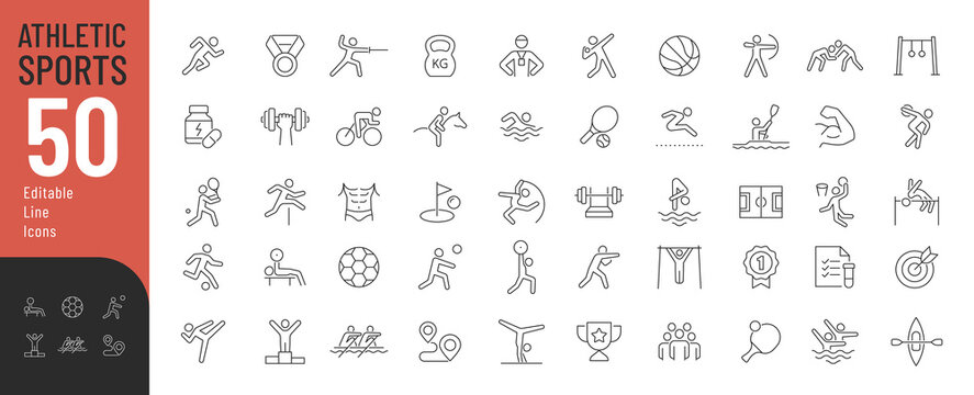 
Athletic Sports Line Editable Icons set. Vector illustration in modern thin line style of summer sports activities related icons: gym exercises, football, swimming, gymnastics, and more. Pictograms a