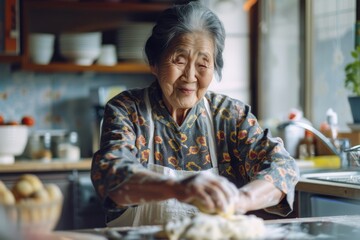 A joyful elderly Asian woman kneads dough on a kitchen table, her eyes sparkling with happiness
