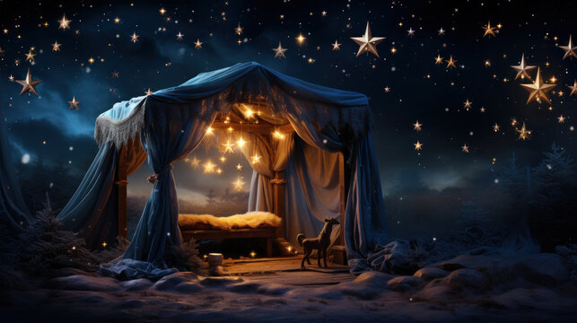 Empty Christmas creche at night