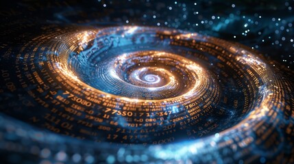 A digital vortex, where streams of binary code spiral into a luminous center, representing a black hole of data.  concepts of technology, cyberspace, and information overload in a universe-inspired. 