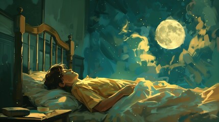 Fantasy Painting: Boy Sleeping in Sky Bedroom, Moonlight and Clouds