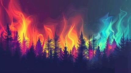 A vibrant, colorful forest scene with stylized aurora-like waves above the treetops