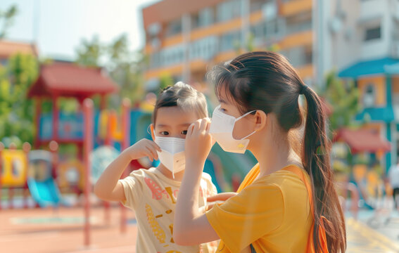 A mother is helping her child put on an N95 mask, with the background of school buildings and playgrounds depicted in bright colors