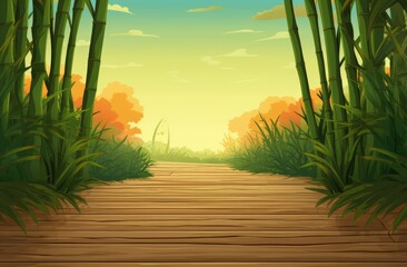 Cartoon Bamboo Grove Pathway at Sunrise - Children's Book Background Illustration with Warm Colors
