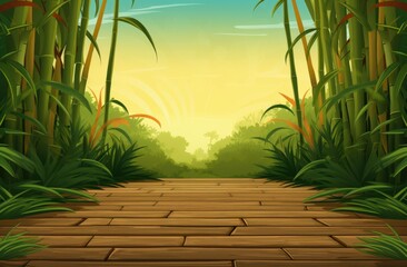 Cartoon Bamboo Grove Pathway at Sunrise - Children's Book Background Illustration with Warm Colors