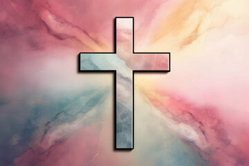 colorful marble background with big cross with palm leaves, christian background silhouette