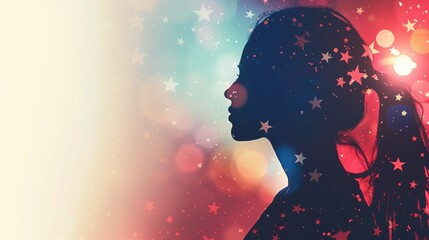 Artistic America's Independence day background with stars on red and blue with a proud person head silhouette - obrazy, fototapety, plakaty
