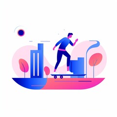 Minimalist UI illustration of Skateboarding in a flat illustration style on a white background with bright Color scheme, dribbble, flat vector, stock photographic style