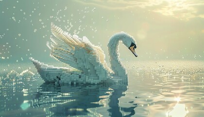Illustrate an intricate, pixelated close-up of a graceful swan swimming elegantly on a serene lake, showcasing stunning digital rendering techniques